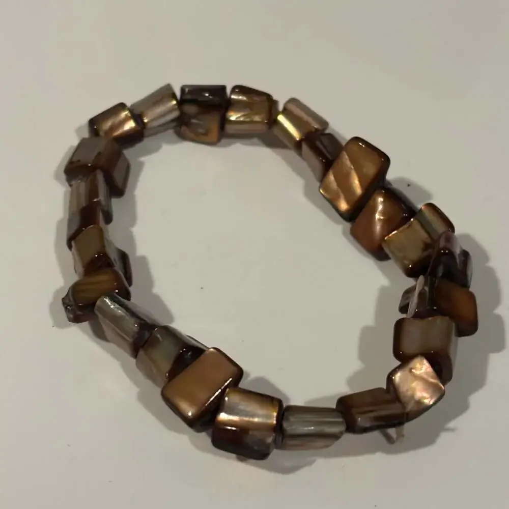 Brown Shell Square iridescent Beaded Stretch Bracelet
